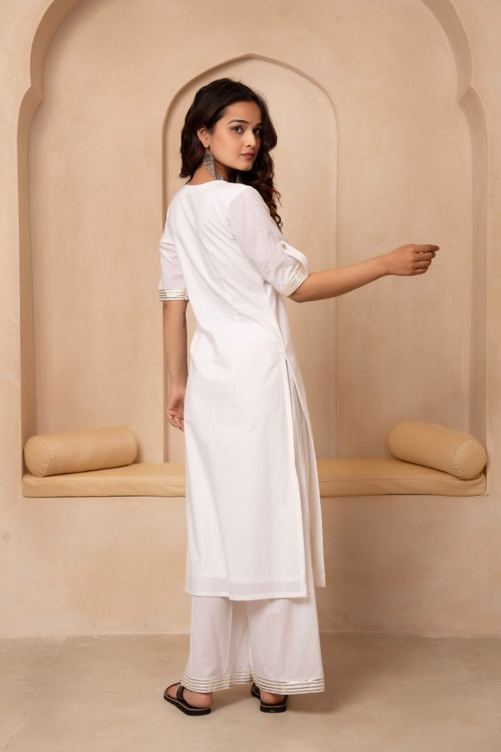 DHOOP CHAAV SWAN WHITE STRAIGHT SUIT SET WITH COTTON DUPATTA - Pomcha Jaipur