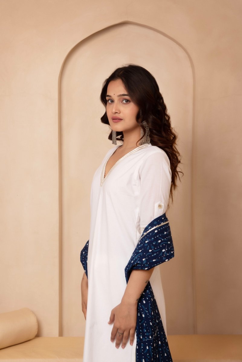 DHOOP CHAAV SWAN WHITE STRAIGHT SUIT SET WITH COTTON DUPATTA - Pomcha Jaipur