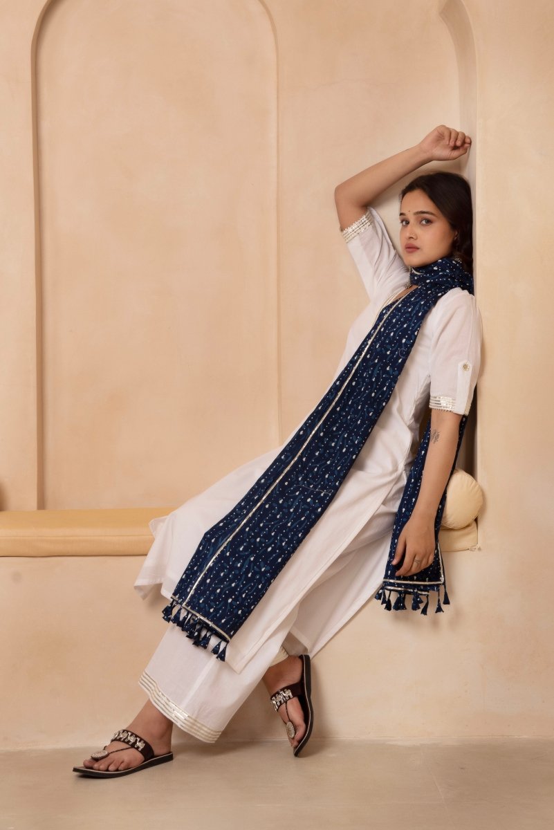 DHOOP CHAAV SWAN WHITE STRAIGHT SUIT SET WITH COTTON DUPATTA - Pomcha Jaipur