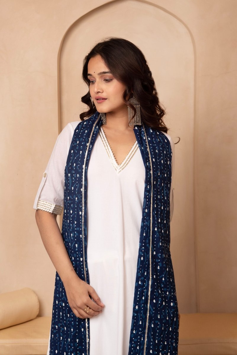 DHOOP CHAAV SWAN WHITE STRAIGHT SUIT SET WITH COTTON DUPATTA - Pomcha Jaipur