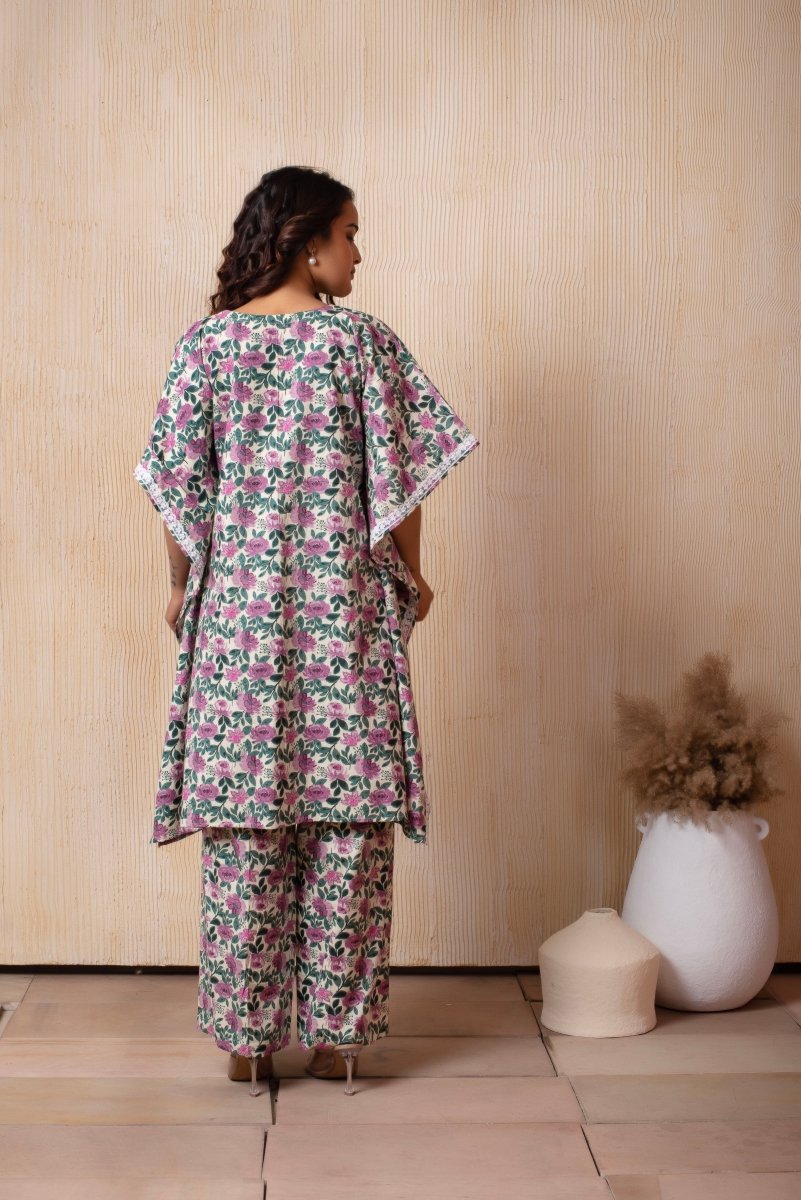 DHOOP CHAAV WHITE COTTON PURPLE PHOOL JAAL KAFTAN PANT SET - Pomcha Jaipur