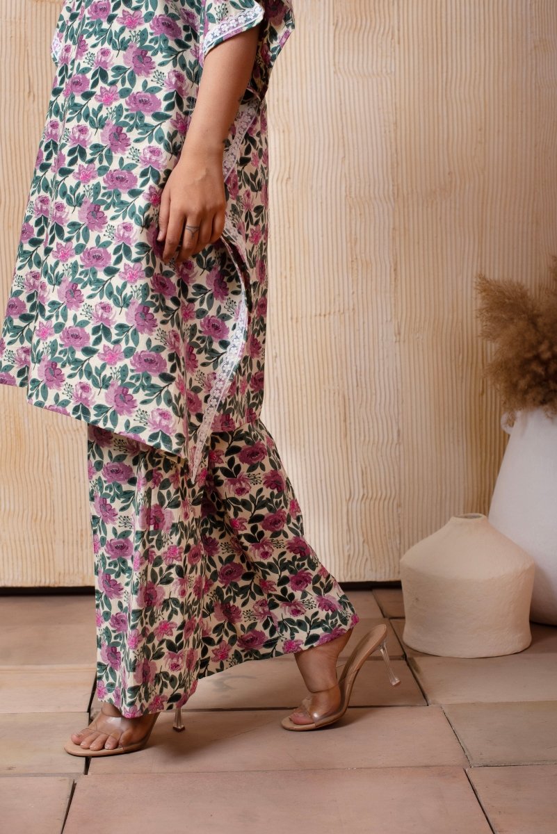 DHOOP CHAAV WHITE COTTON PURPLE PHOOL JAAL KAFTAN PANT SET - Pomcha Jaipur