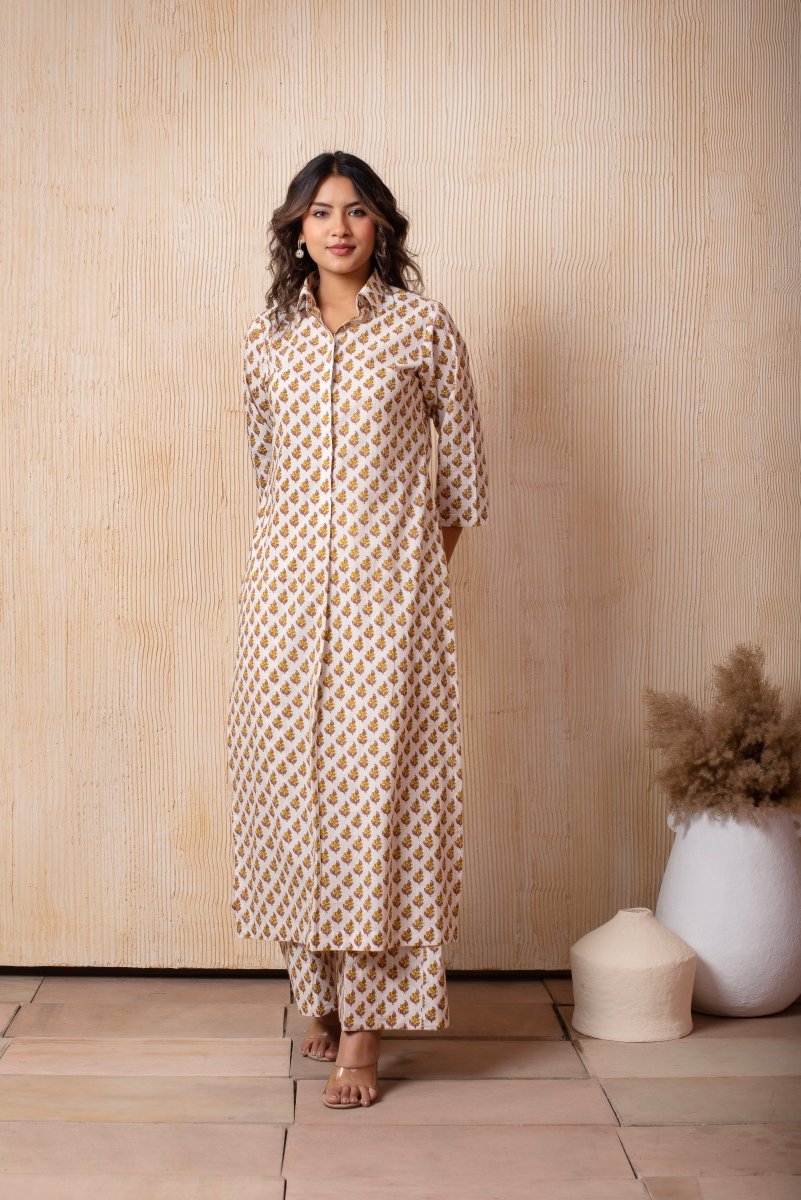 DHOOP CHAAV WHITE COTTON YELLOW CHOTI BOOTI HAND BLOCK PRINT LONG SHIRT WITH PANT - Pomcha Jaipur