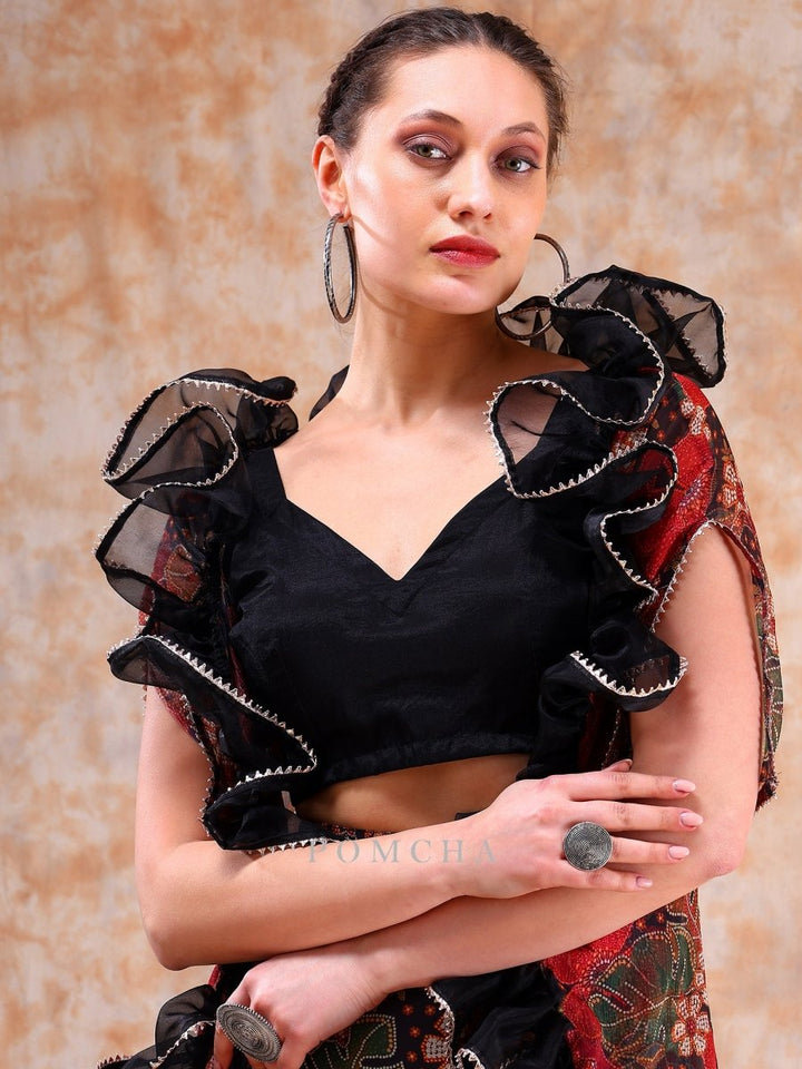 DIL KASH BLACK MUSLIN AND ORGANZA LEHENGA WITH CHIFFON SHRUG SET - Pomcha Jaipur