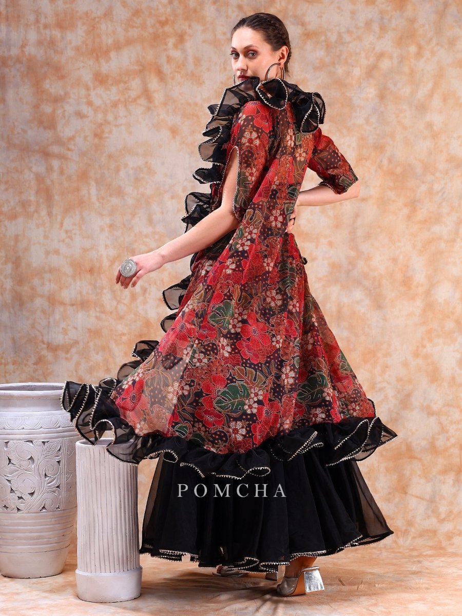 DIL KASH BLACK MUSLIN AND ORGANZA LEHENGA WITH CHIFFON SHRUG SET - Pomcha Jaipur