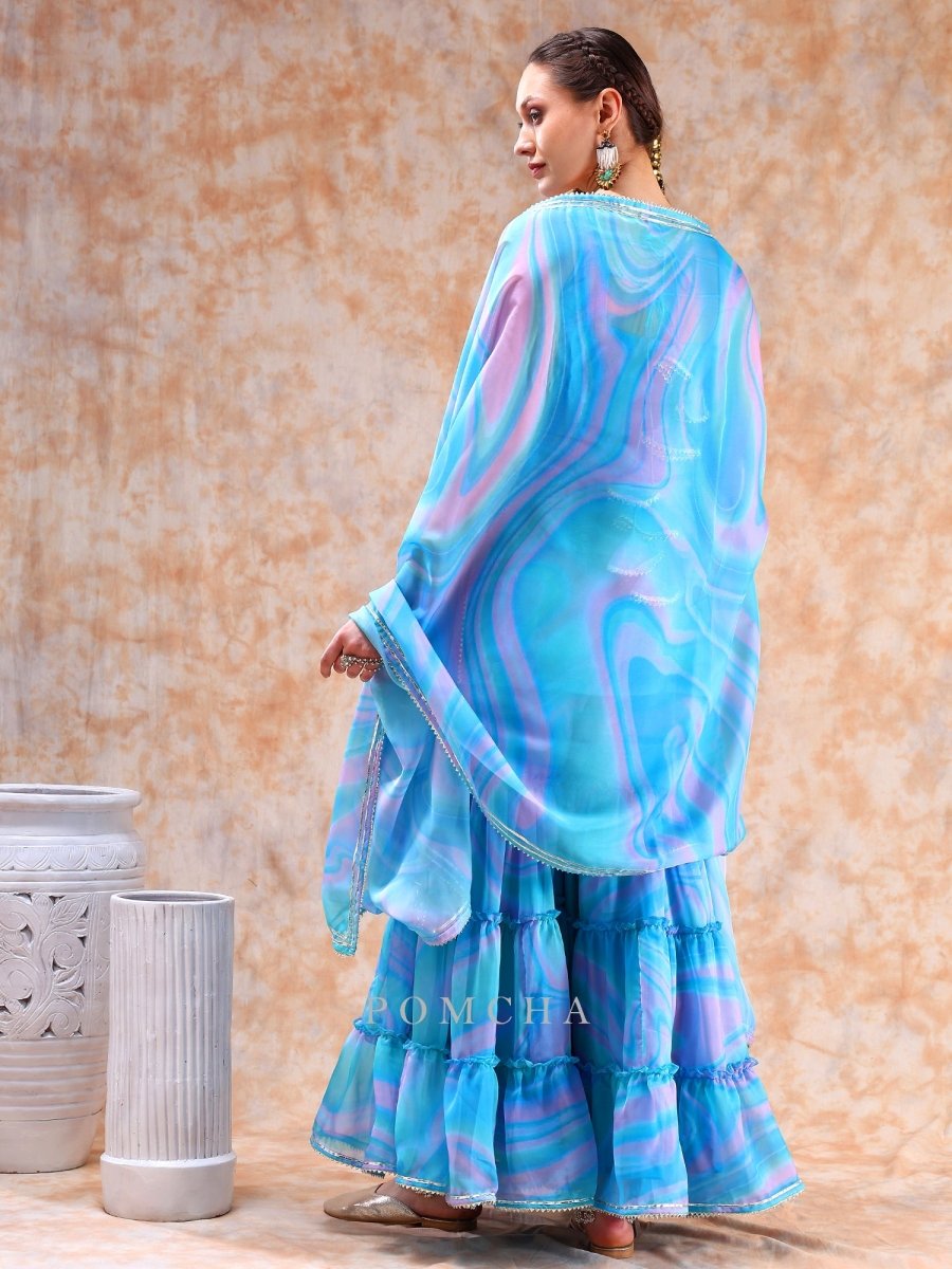 DIL KASH BLUE MARBEL PRINT SHARARA SET - Pomcha Jaipur