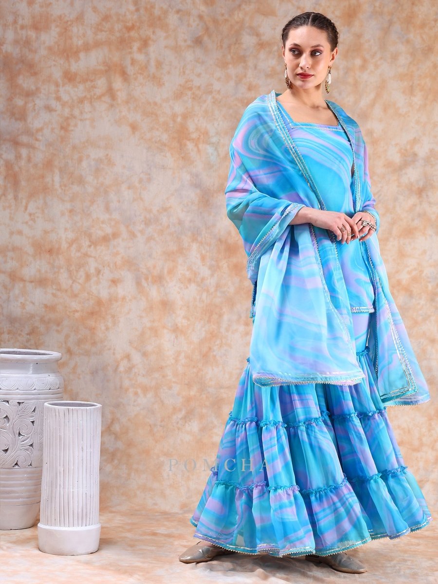 DIL KASH BLUE MARBEL PRINT SHARARA SET - Pomcha Jaipur
