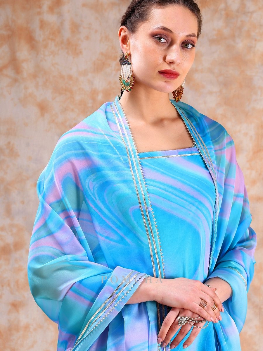 DIL KASH BLUE MARBEL PRINT SHARARA SET - Pomcha Jaipur