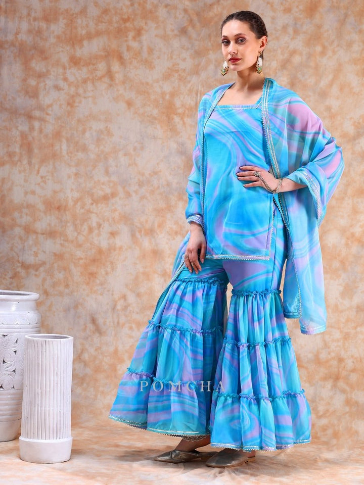 DIL KASH BLUE MARBEL PRINT SHARARA SET - Pomcha Jaipur
