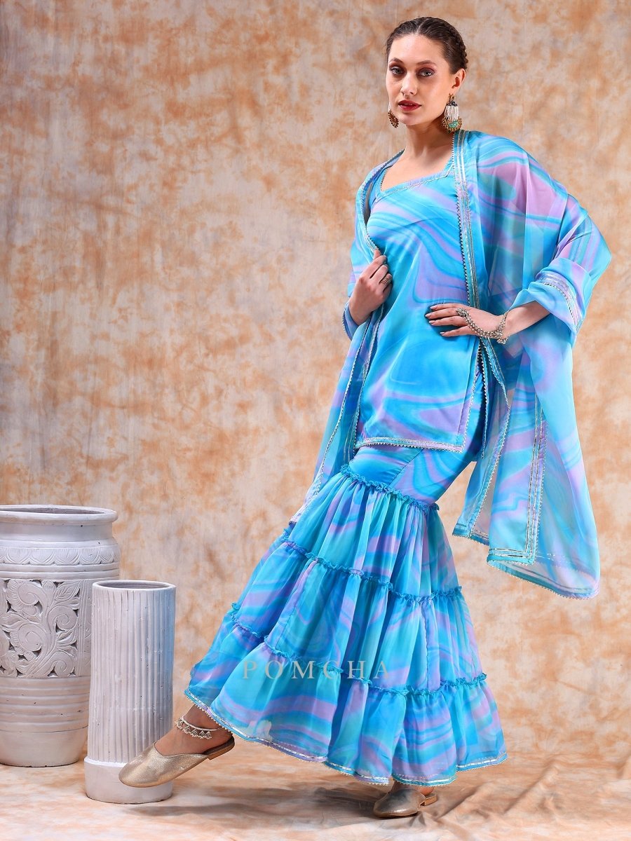 DIL KASH BLUE MARBEL PRINT SHARARA SET - Pomcha Jaipur