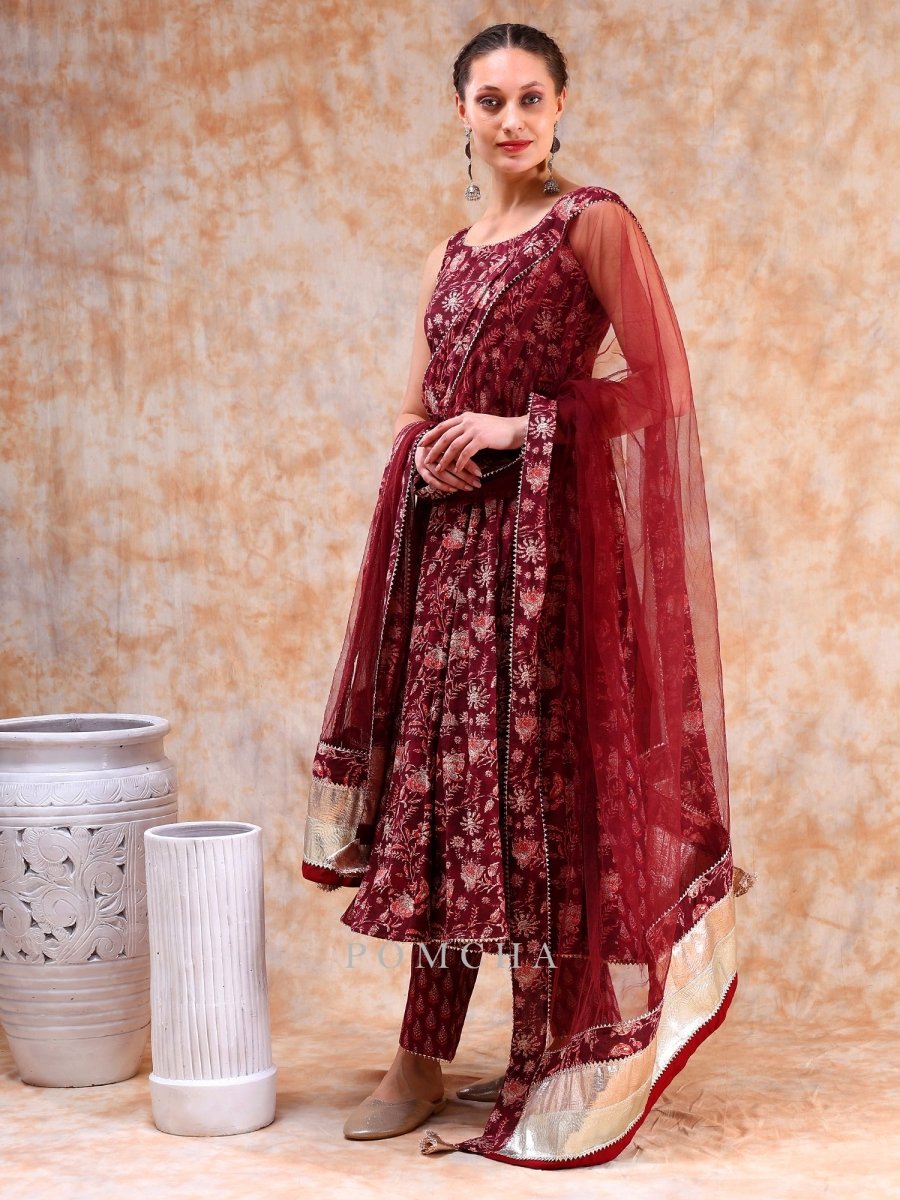 DIL KASH MAROON COTTON HAND BLOCK ANARKALI SET WITH SOFT NET DUPATTA - Pomcha Jaipur