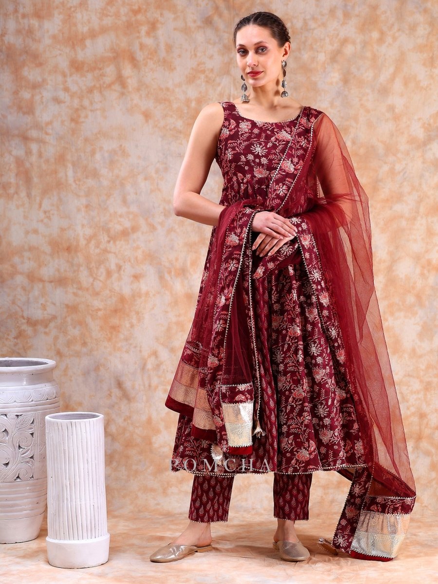 DIL KASH MAROON COTTON HAND BLOCK ANARKALI SET WITH SOFT NET DUPATTA - Pomcha Jaipur