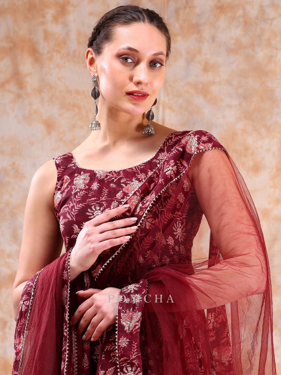 DIL KASH MAROON COTTON HAND BLOCK ANARKALI SET WITH SOFT NET DUPATTA - Pomcha Jaipur