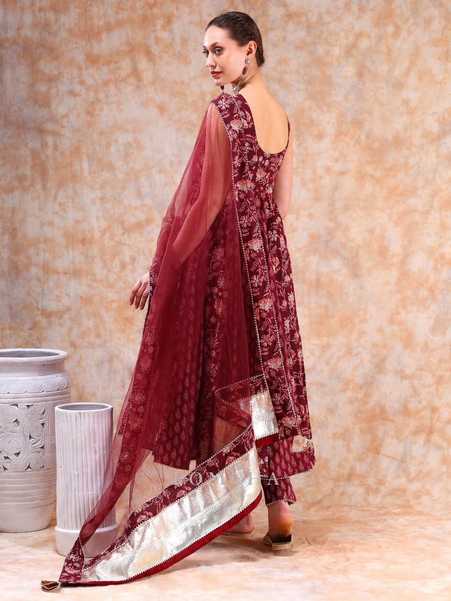 DIL KASH MAROON COTTON HAND BLOCK ANARKALI SET WITH SOFT NET DUPATTA - Pomcha Jaipur