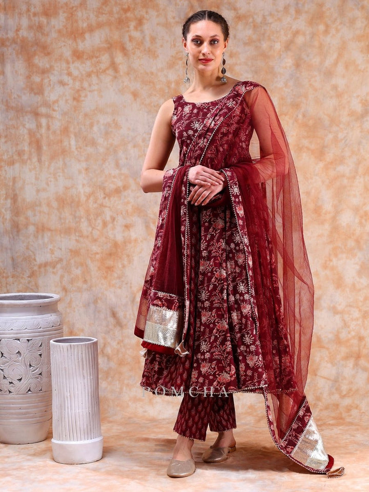 DIL KASH MAROON COTTON HAND BLOCK ANARKALI SET WITH SOFT NET DUPATTA - Pomcha Jaipur