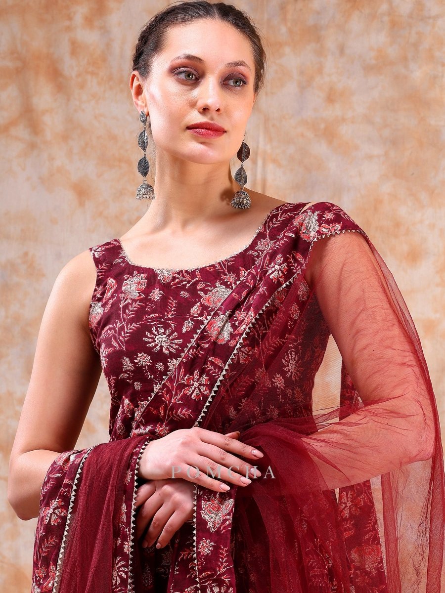 DIL KASH MAROON COTTON HAND BLOCK ANARKALI SET WITH SOFT NET DUPATTA - Pomcha Jaipur