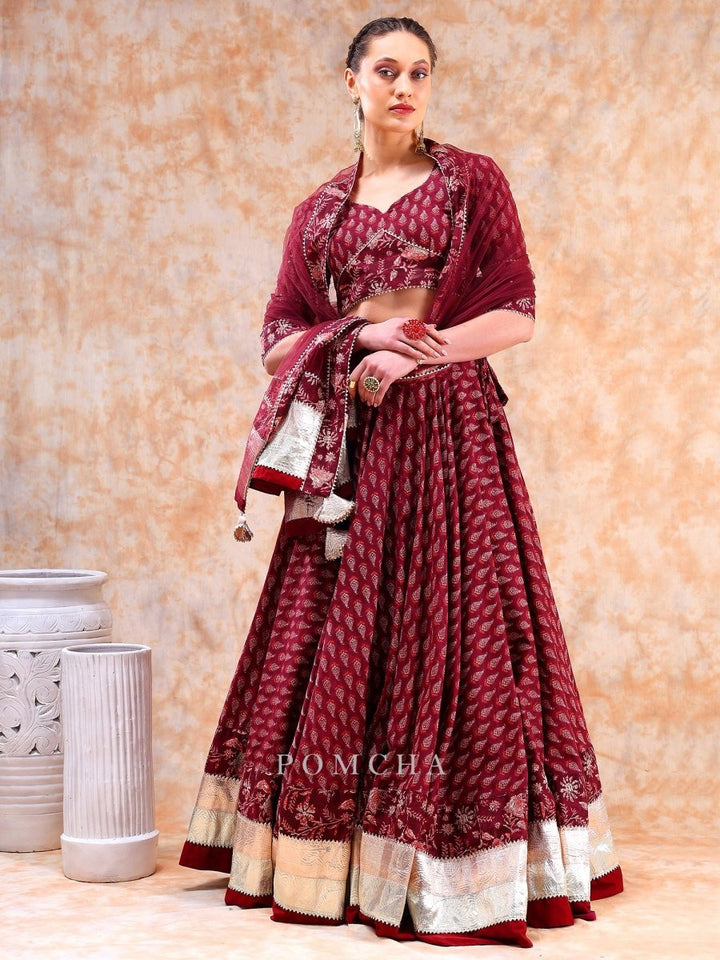 DIL KASH MAROON LEHENGA WITH LAPPA WORK AND SOFT NET DUPATTA SET - Pomcha Jaipur