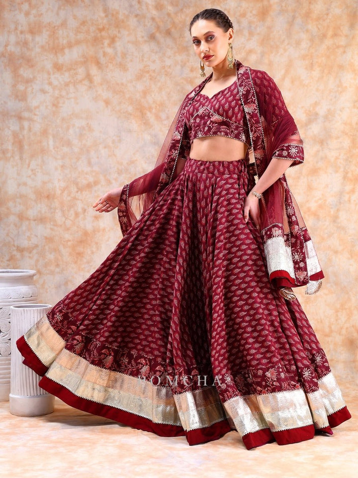 DIL KASH MAROON LEHENGA WITH LAPPA WORK AND SOFT NET DUPATTA SET - Pomcha Jaipur