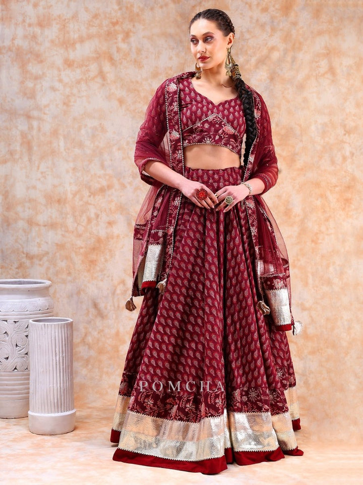DIL KASH MAROON LEHENGA WITH LAPPA WORK AND SOFT NET DUPATTA SET - Pomcha Jaipur
