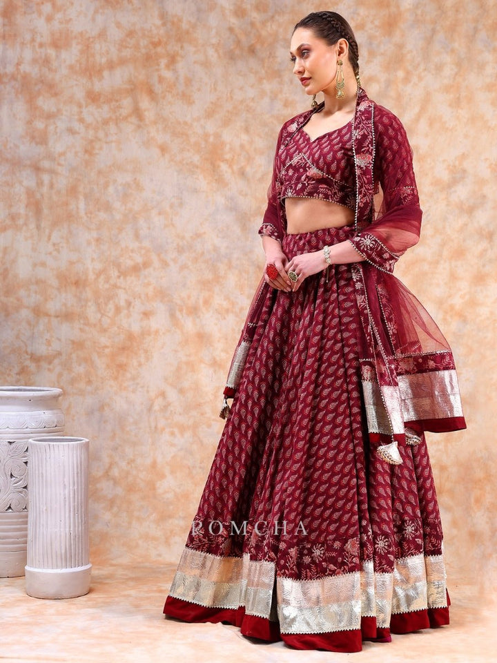DIL KASH MAROON LEHENGA WITH LAPPA WORK AND SOFT NET DUPATTA SET - Pomcha Jaipur