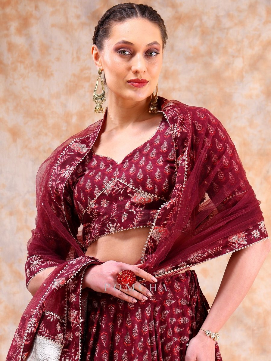 DIL KASH MAROON LEHENGA WITH LAPPA WORK AND SOFT NET DUPATTA SET - Pomcha Jaipur