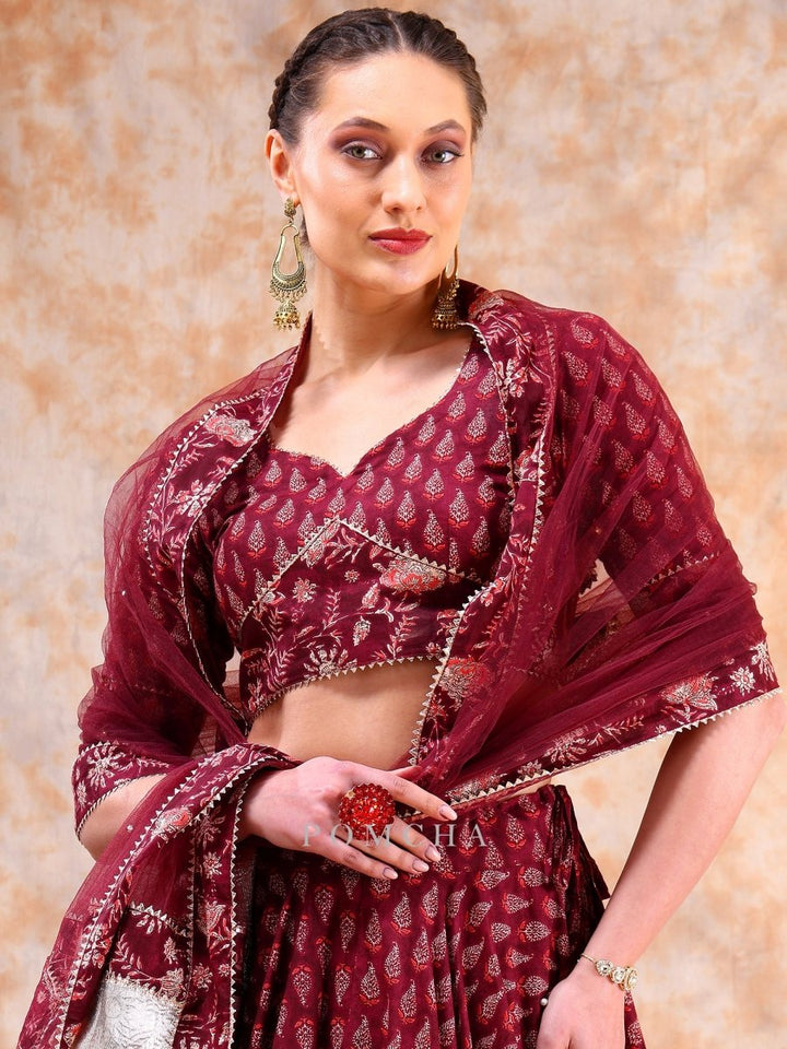 DIL KASH MAROON LEHENGA WITH LAPPA WORK AND SOFT NET DUPATTA SET - Pomcha Jaipur