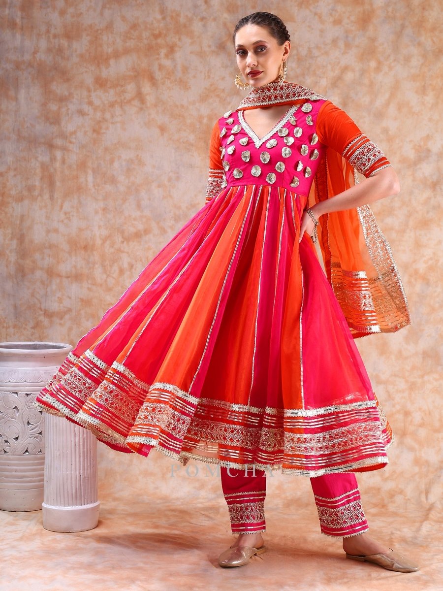 DIL KASH ORANGE PINK DOUBLE SHADE ANARKALI - Pomcha Jaipur