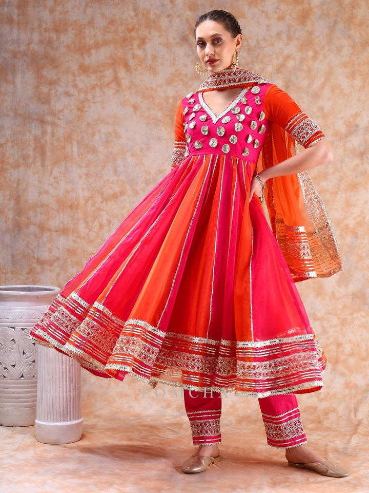 DIL KASH ORANGE PINK DOUBLE SHADE ANARKALI - Pomcha Jaipur