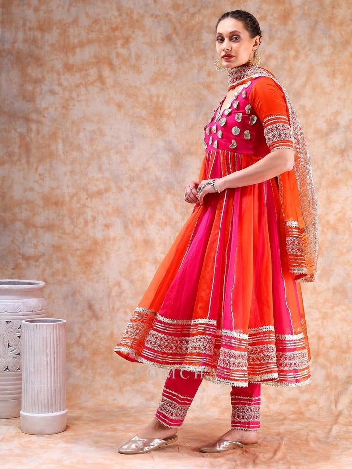 DIL KASH ORANGE PINK DOUBLE SHADE ANARKALI - Pomcha Jaipur