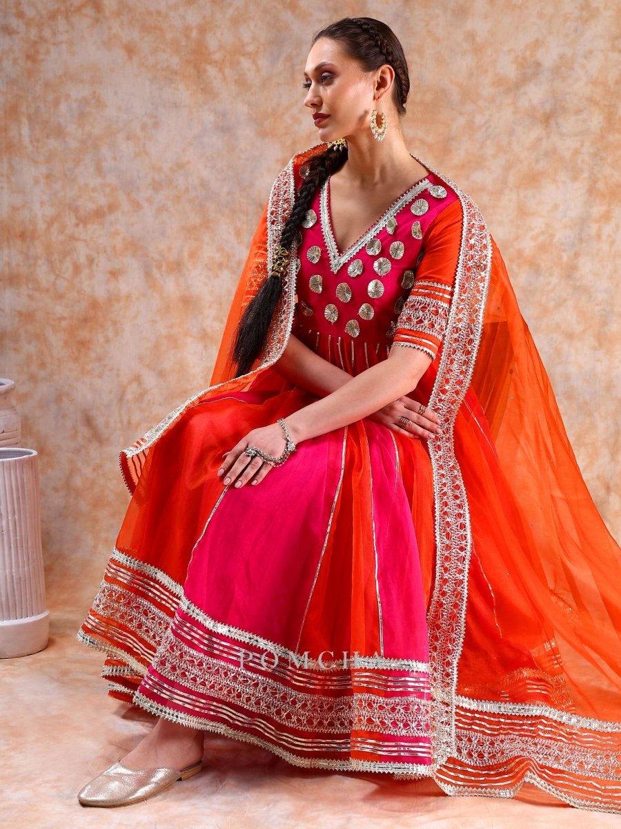 DIL KASH ORANGE PINK DOUBLE SHADE ANARKALI - Pomcha Jaipur
