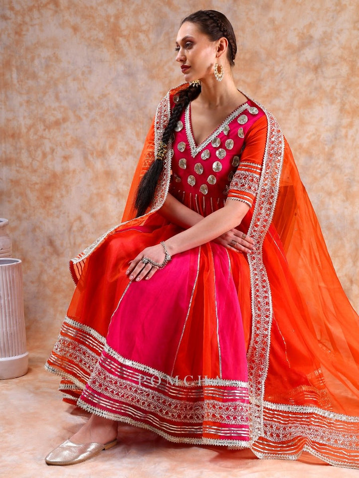 DIL KASH ORANGE PINK DOUBLE SHADE ANARKALI - Pomcha Jaipur