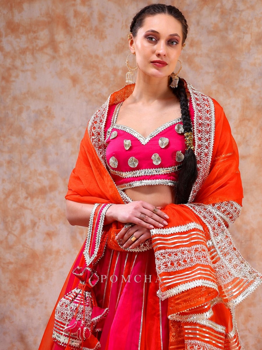 DIL KASH ORANGE PINK DOUBLE SHADE organza LEHENGA with lace work - Pomcha Jaipur