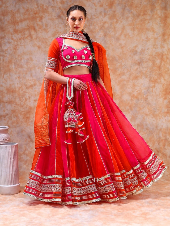 DIL KASH ORANGE PINK DOUBLE SHADE organza LEHENGA with lace work - Pomcha Jaipur