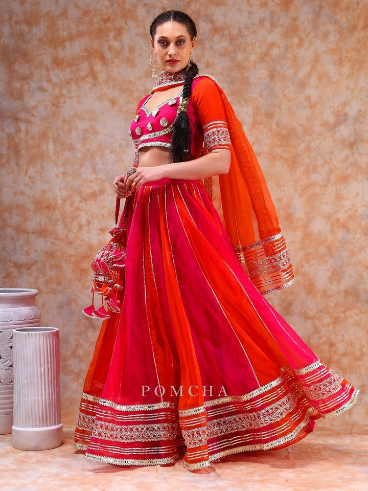 DIL KASH ORANGE PINK DOUBLE SHADE organza LEHENGA with lace work - Pomcha Jaipur