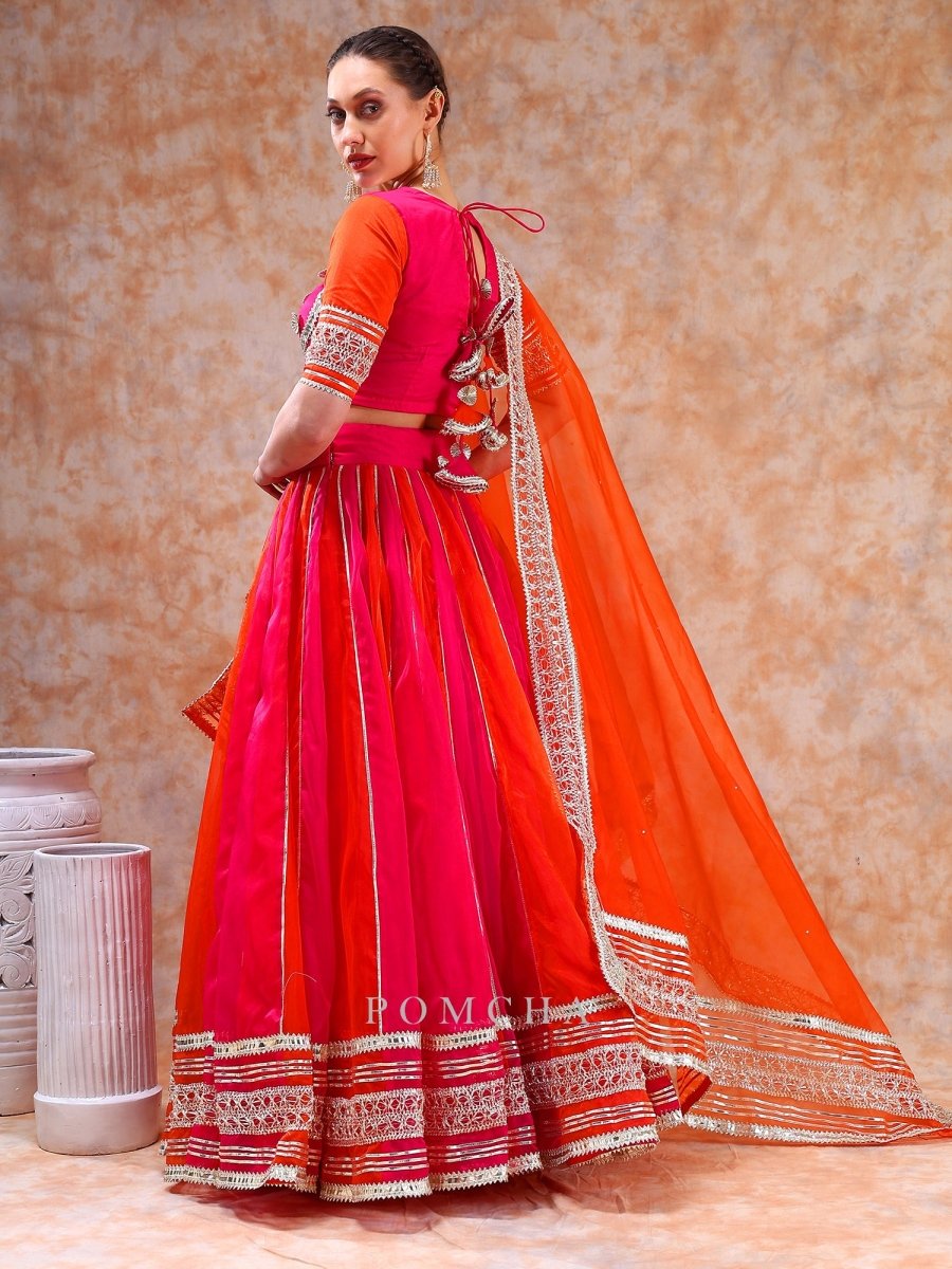 DIL KASH ORANGE PINK DOUBLE SHADE organza LEHENGA with lace work - Pomcha Jaipur