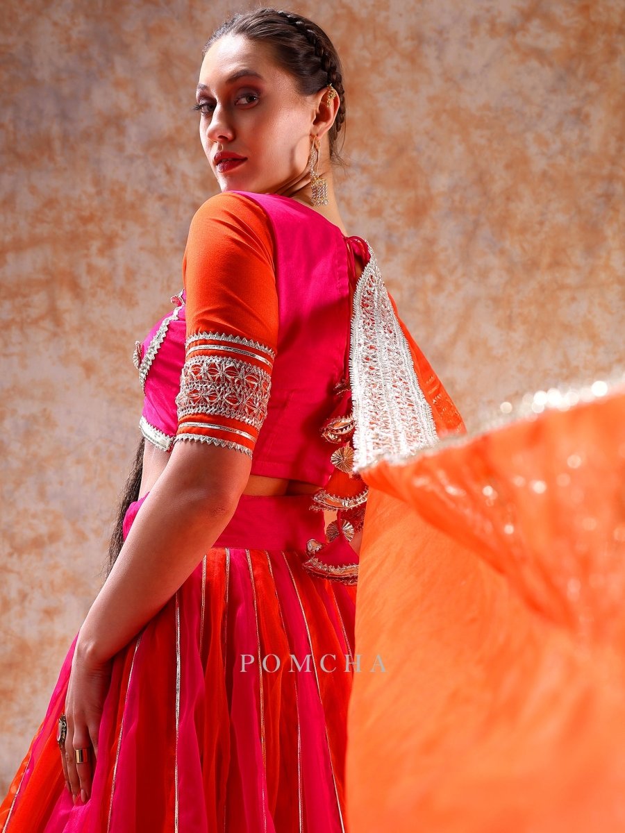 DIL KASH ORANGE PINK DOUBLE SHADE organza LEHENGA with lace work - Pomcha Jaipur