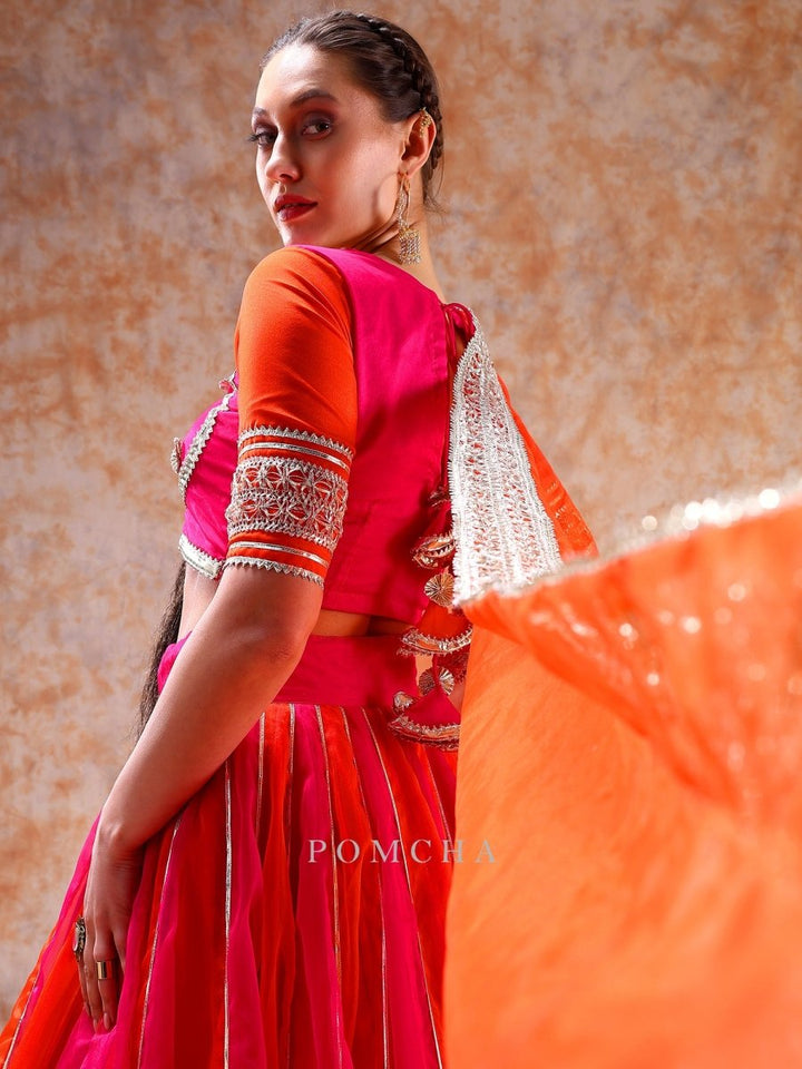DIL KASH ORANGE PINK DOUBLE SHADE organza LEHENGA with lace work - Pomcha Jaipur