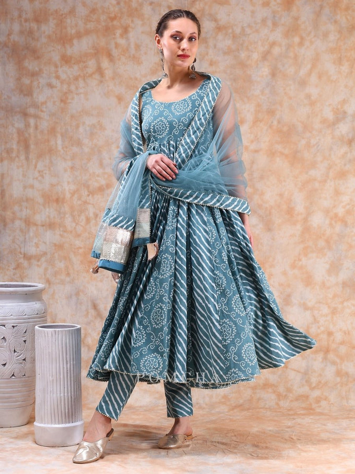 DIL KASH POWDER BLUE BHENDHAJ ANARKALI SET - Pomcha Jaipur