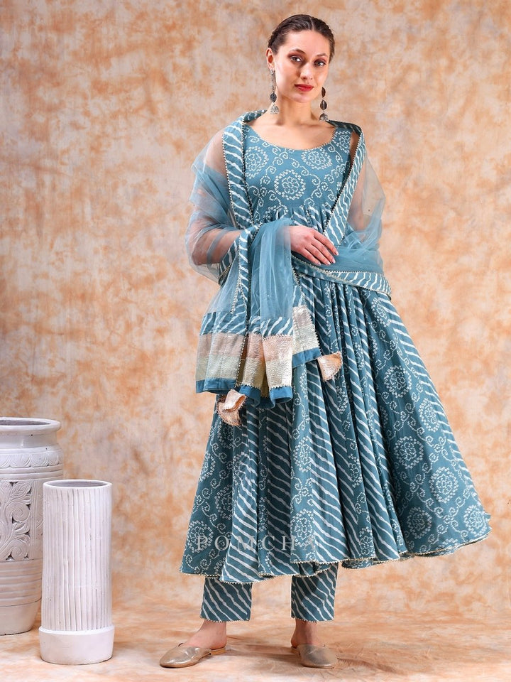DIL KASH POWDER BLUE BHENDHAJ ANARKALI SET - Pomcha Jaipur