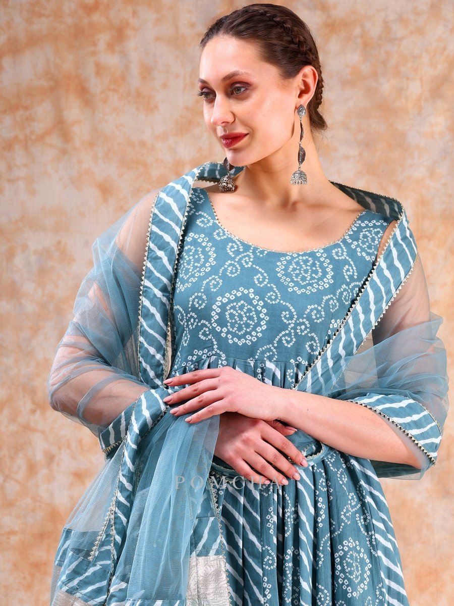 DIL KASH POWDER BLUE BHENDHAJ ANARKALI SET - Pomcha Jaipur