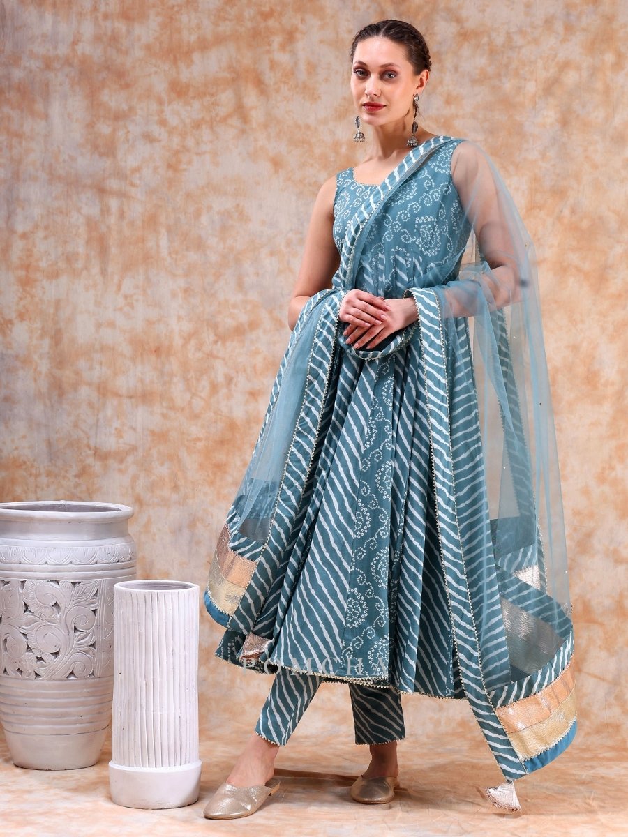 DIL KASH POWDER BLUE BHENDHAJ ANARKALI SET - Pomcha Jaipur