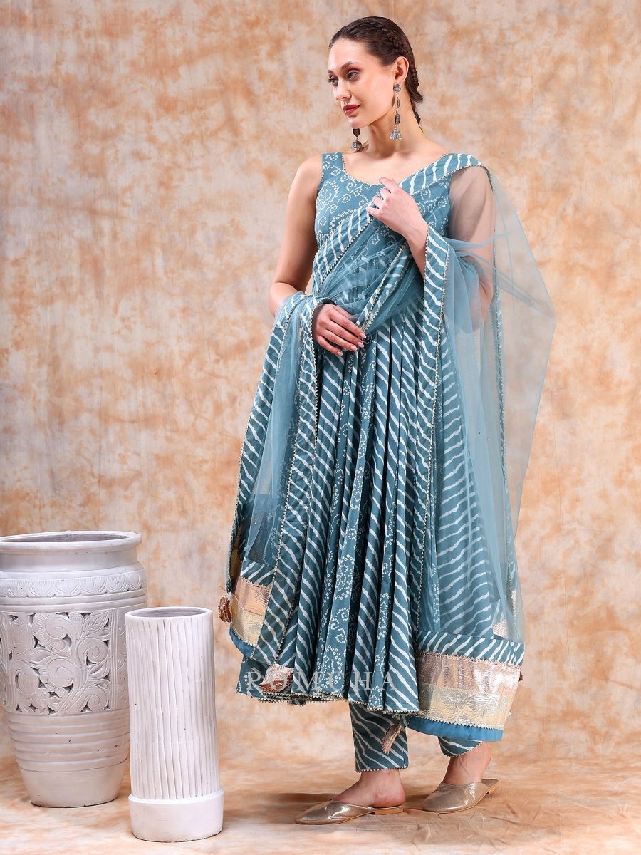 DIL KASH POWDER BLUE BHENDHAJ ANARKALI SET - Pomcha Jaipur