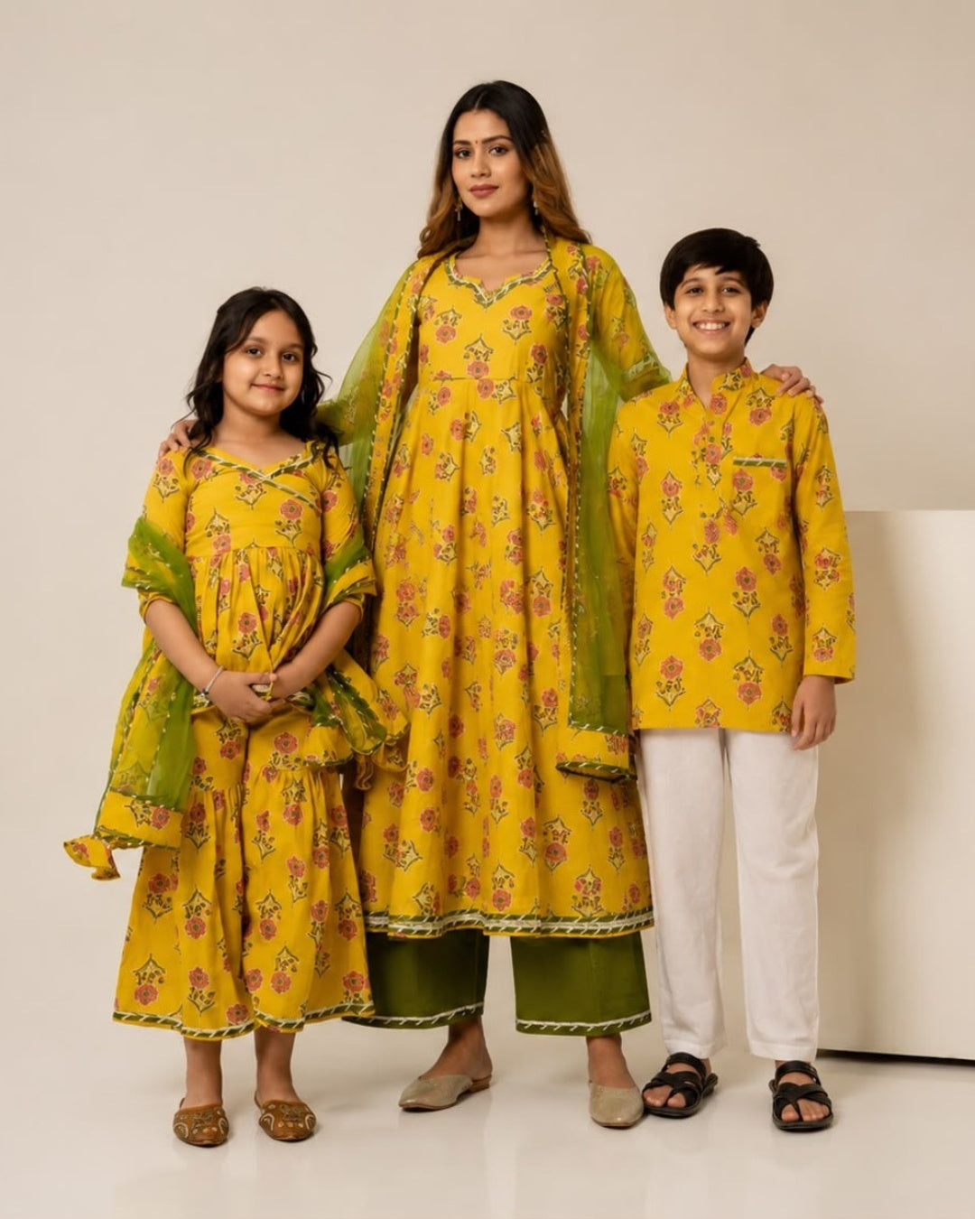 YELLOW HAND BLOCK PRINT COTTON FAMILY OUTFIT COMBO