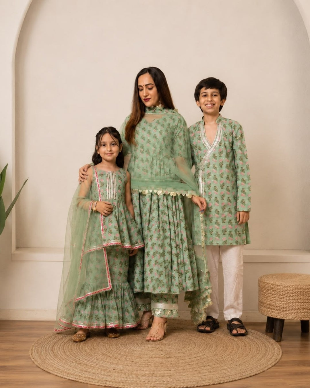 GREEN PAISLEY COTTON HAND BLOCK FAMILY OUTFIT COMBO