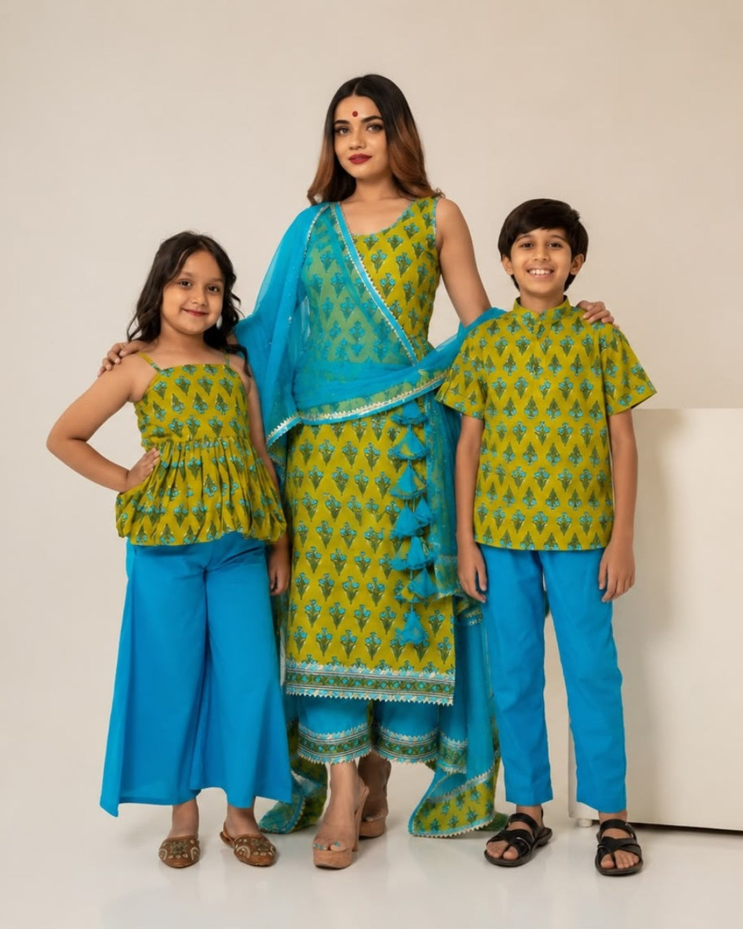 GULZAR BLUE HAND BLOCK COTTON FAMILY OUTFIT COMBO