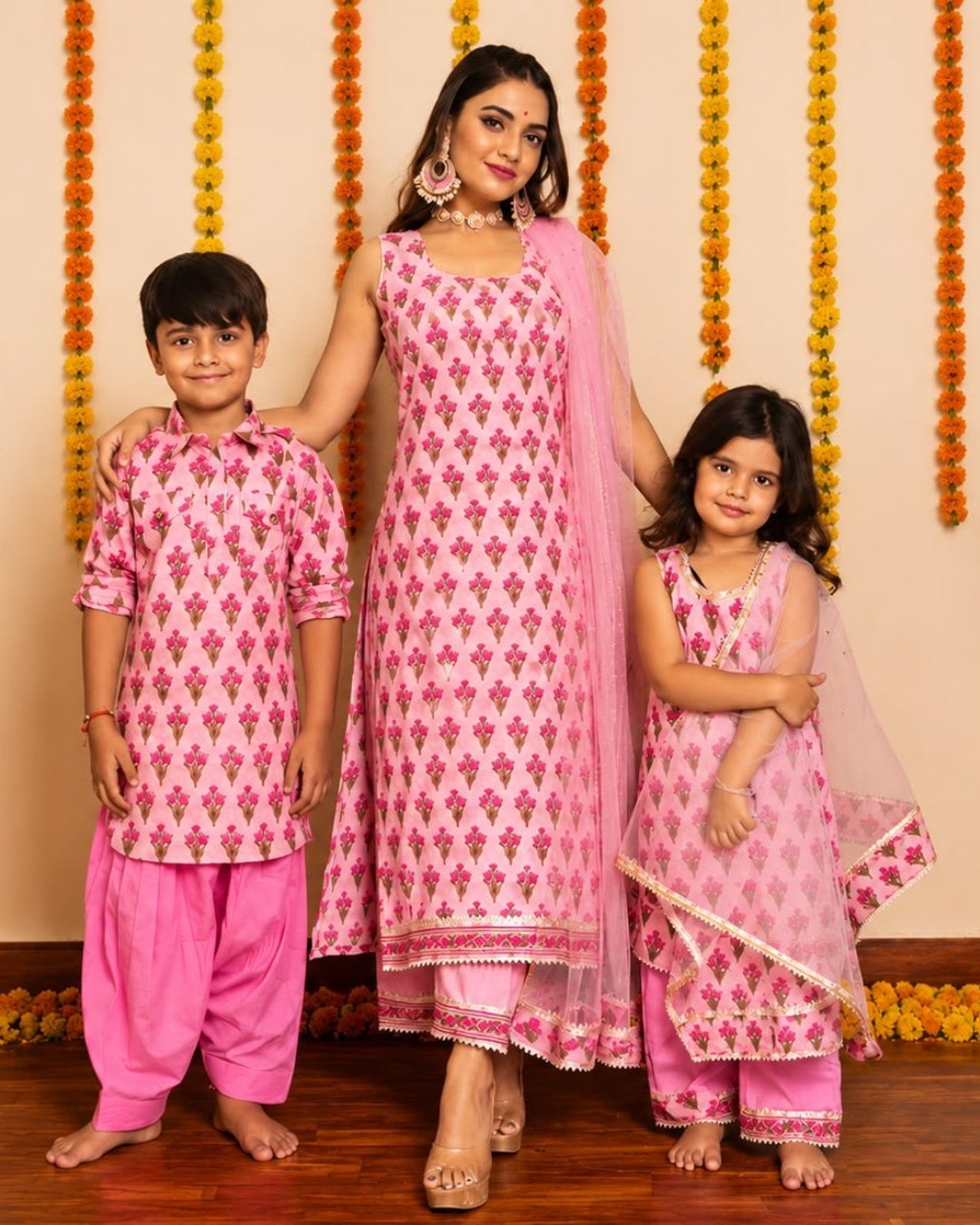 GULBAHAR PINK HAND BLOCK PRINT COTTON FAMILY OUTFIT COMBO