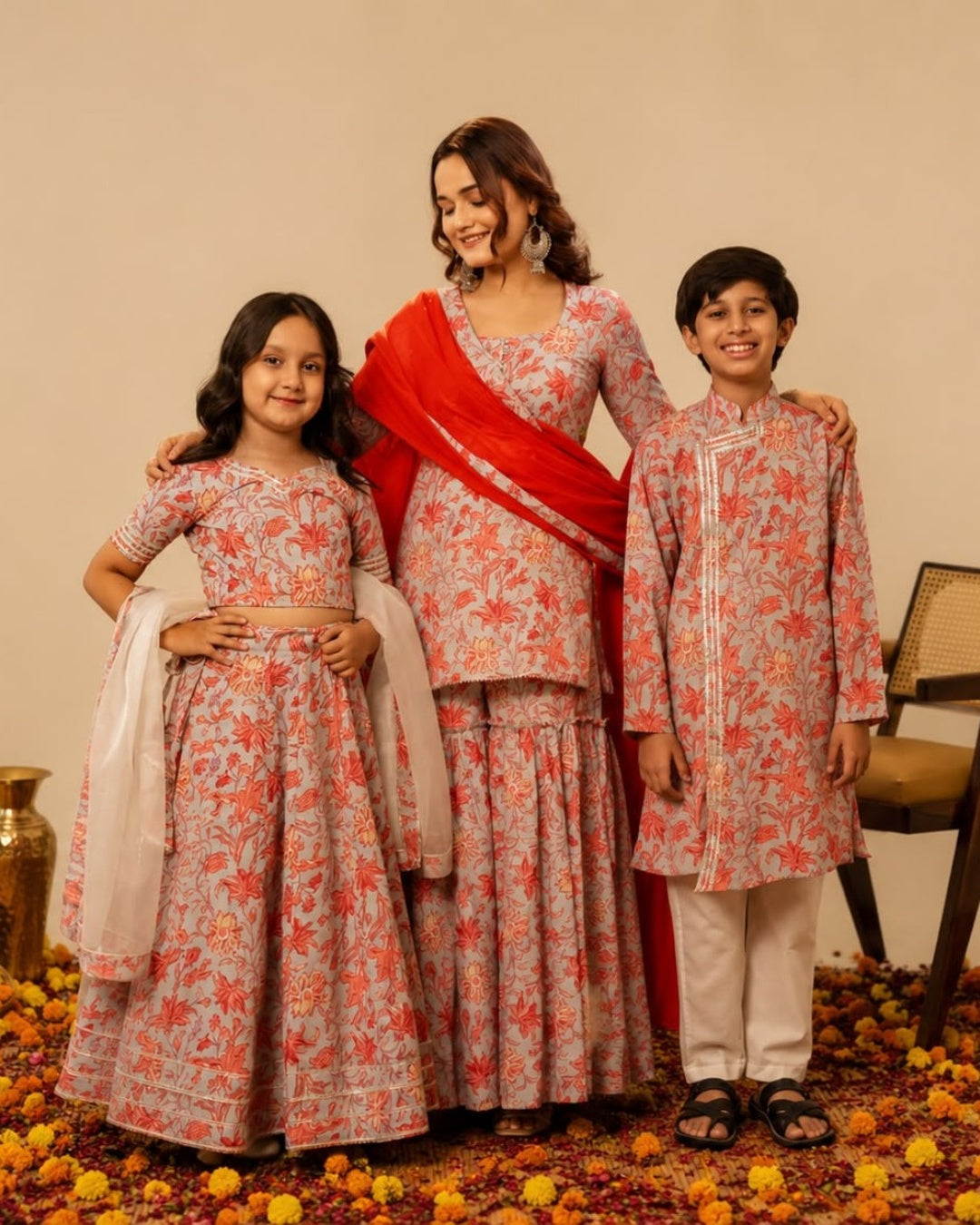RED COTTON HAND BLOCK PRINT FAMILY OUTFIT COMBO