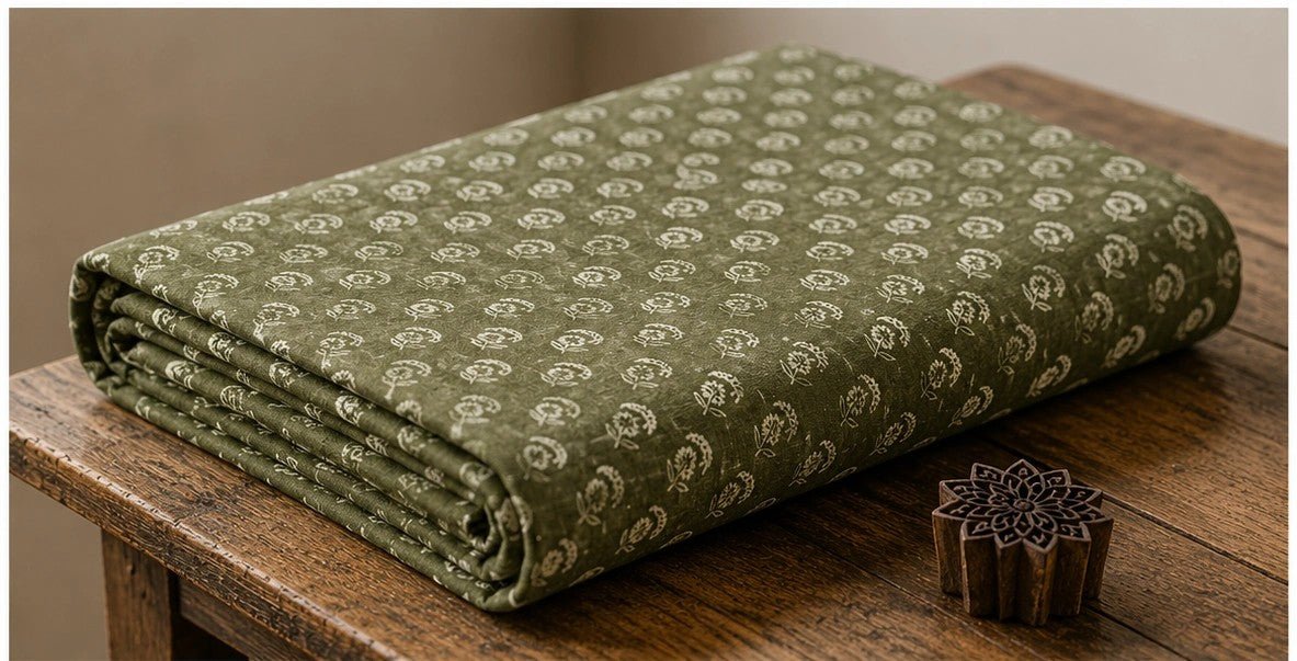 FOREST GREEN BUTA COTTON HAND BLOCK PRINT FABRIC - Pomcha Jaipur