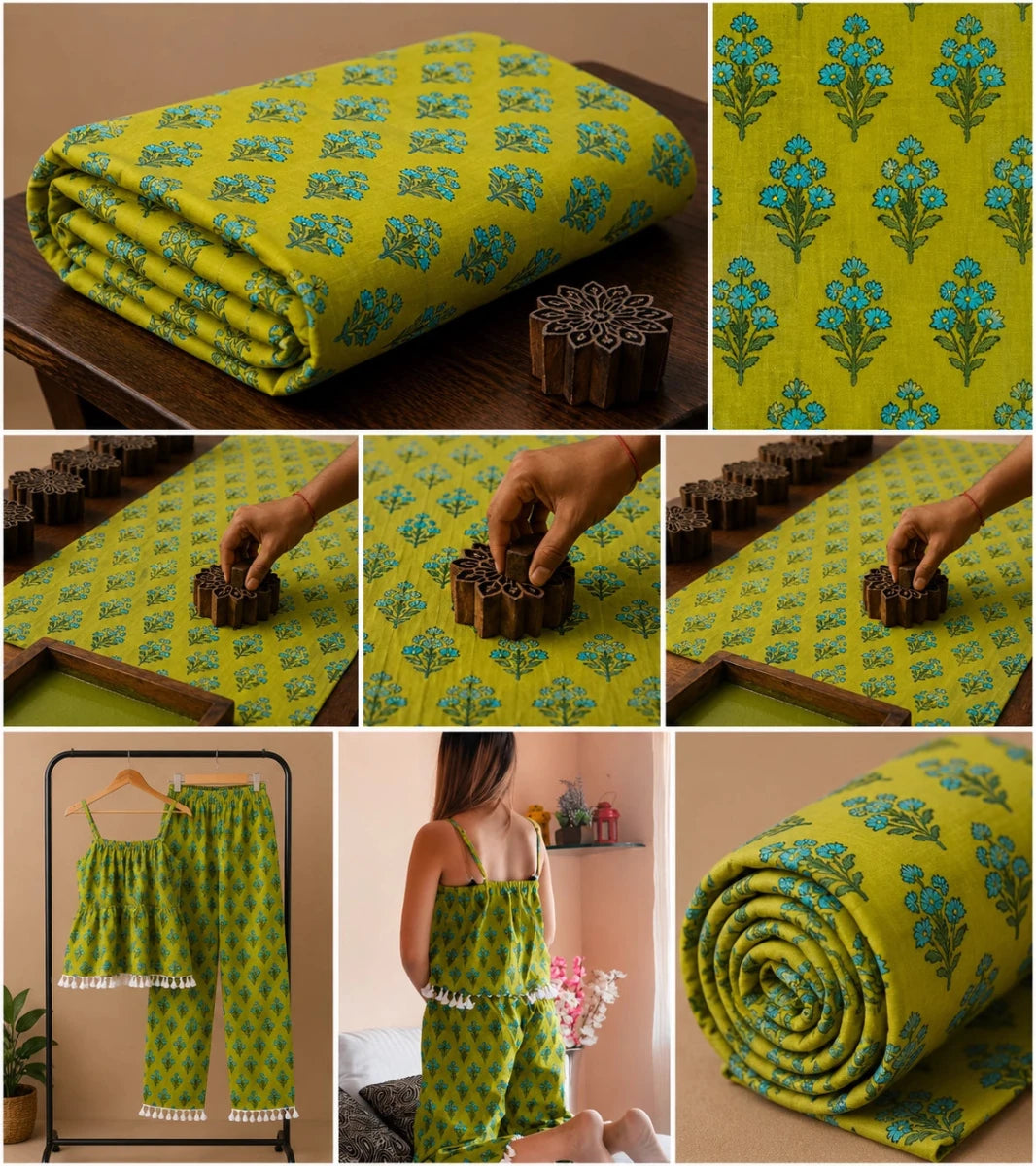 FOREST GREEN FLORAL BUTI PRINT COTTON FABRIC - Pomcha Jaipur