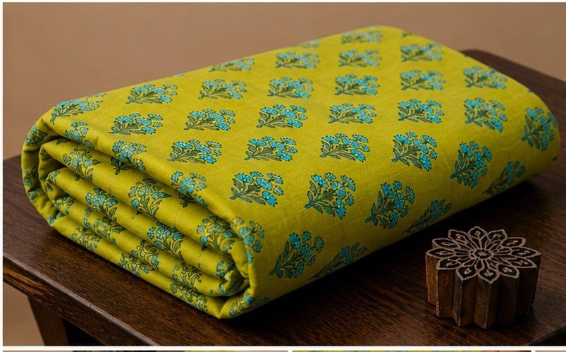 FOREST GREEN FLORAL BUTI PRINT COTTON FABRIC - Pomcha Jaipur